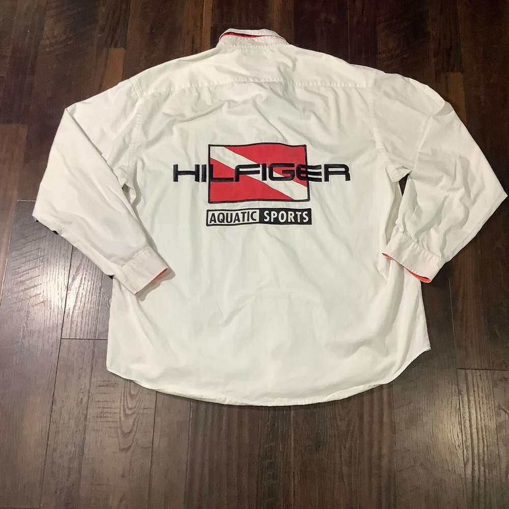 Vintage Tommy Hilfiger Aquatic Sports White Button Down Shirt Men XL Embroidered